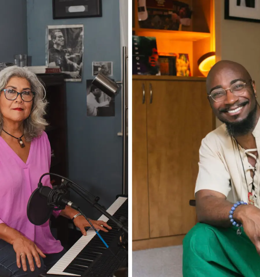 Side-by-side portraits of Sumi Tonooka and Phillip B. Williams.